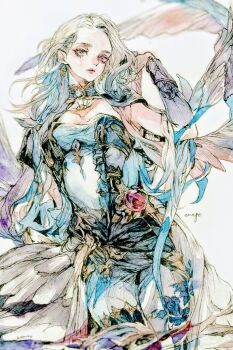 1girl 7na5go commentary_request cowboy_shot detached_collar expressionless forehead hair_behind_ear lineart long_hair looking_at_viewer original painting_(medium) pants shirt solo traditional_media watercolor_(medium) wavy_hair white_pants white_shirt