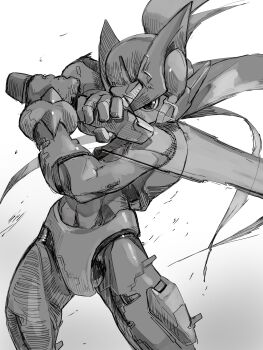 1boy absurdres armor cowboy_shot energy_sword forehead_jewel greyscale helmet highres holding holding_sword holding_weapon long_hair male_focus mega_man_(series) mega_man_zero_(series) monochrome omochi_(mochi_skymega) simple_background solo sword weapon white_background z_saber zero(z)_(mega_man) zero_(mega_man)