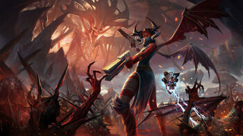 1girl absurdres androgynous bandaged_leg bandages black_dress black_horns black_scarf black_sclera bracer colored_sclera colored_skin covered_mouth demon_girl demon_horns demon_wings dress dual_wielding electricity feet_out_of_frame flat_chest floating_skull giant giantess gun handgun hell highres holding holding_gun holding_weapon horns knee_pads long_legs metal:_hellsinger multiple_others non-web_source official_art pelvic_curtain red_skin scarf skeleton skull sleeveless sleeveless_dress solo_focus the_unknown_(metal:_hellsinger) third_eye torn_wings weapon wings yellow_eyes