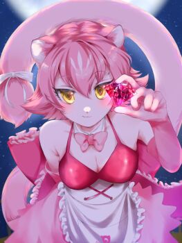 1girl animal_ears apron bare_shoulders bow bowtie bra diamond_(gemstone) elbow_gloves extra_ears gloves highres japari_symbol kemono_friends kemono_friends_3 looking_at_viewer moon night night_sky panther_ears panther_girl panther_tail peach_panther_(kemono_friends) pink_hair ribbon saba_ru short_hair skirt sky solo tail underwear yellow_eyes