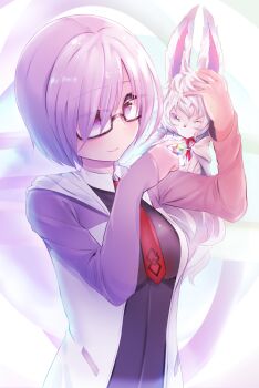 1girl black-framed_eyewear black_dress breasts creature dress fate/grand_order fate_(series) fou_(fate) glasses hair_over_one_eye highres jacket mash_kyrielight necktie p_answer purple_eyes purple_hair red_necktie saint_quartz_(fate) short_hair smile