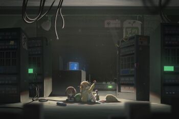 1girl apple barefoot blue_eyes blue_screen_of_death blue_skirt book brown_hair cable cardigan error_message evil_neuro-sama food from_side fruit full_body fumo_(doll) hair_between_eyes hair_ribbon hashtag-only_commentary highres holding holding_food holding_fruit indie_virtual_youtuber indoors long_hair long_sleeves messy_hair minawan neuro-sama open_mouth pleated_skirt ptitsaqaq red_ribbon ribbon server sitting skirt solo stuffed_toy two_side_up vedal987 vedal_ai virtual_youtuber wide_shot yellow_cardigan