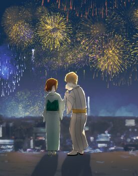 Rule 34 | 1boy, 1girl, couple, digimon, fireworks, highres, japanese clothes, kimono, night, pixiv user (2540217), sky, takaishi takeru, yagami hikari