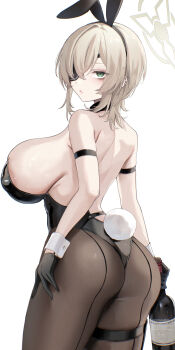 1girl absurdres animal_ears ass back back-seamed_legwear bare_back bare_shoulders bishooji black_gloves black_leotard blue_archive blue_eyes bottle breasts brown_hair brown_pantyhose eyepatch fake_animal_ears fake_tail from_behind gloves green_eyes grey_halo hair_over_one_eye halo highres holding holding_bottle huge_ass huge_breasts leotard looking_at_viewer pantyhose rabbit_ears rabbit_tail seamed_legwear short_hair sideboob simple_background solo suou_(blue_archive) tail thighs white_background