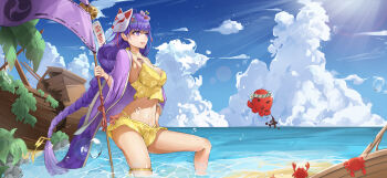 1girl absurdres beach blue_pupils blue_sky blunt_bangs blush braid breasts cleavage cloud cloudy_sky commentary crab flag fox_mask genshin_impact gradient_hair hair_ornament hair_ribbon highres holding holding_flag large_breasts long_braid long_hair mask mask_on_head mitsudomoe_(shape) multicolored_eyes multicolored_hair navel ocean outdoors purple_eyes purple_hair raiden_shogun ribbon sand shipwreck single_braid sky solo stomach sunlight swimsuit thighs tomoe_(symbol) upper_body water wet z2048