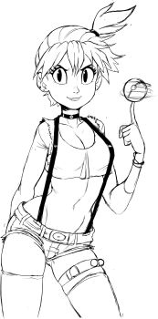 breasts choker cleavage cleft_of_venus crop_top denim earrings gluteal_fold highres jewelry misty_(pokemon) navel nintendo piercing pokeballs pokemon pokemon_(anime) pokemon_(classic_anime) short_shorts shorts side_ponytail sketch snakebite_(piercing) suspenders teevo thigh_strap thighhighs thighs