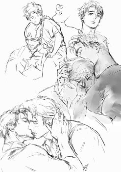 2boys aged_down avengers_(series) blush bodysuit captain_america child closed_eyes closed_mouth collared_shirt covered_mouth crying evolution facial_hair greyscale hand_on_another's_head helmet highres holding_another's_wrist hug kiss kissing_cheek male_focus malkogromit marvel monochrome multiple_boys multiple_views open_mouth shirt short_hair short_sleeves shorts simple_background sitting smile star_(symbol) steve_rogers superhero_costume t-shirt teeth tony_stark upper_body yaoi