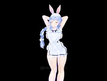 1girl animated apron arms_behind_head black_background blue_hair braid braided_ponytail breasts closed_eyes closed_mouth dancing hololive large_breasts luke_the_tako me!me!me! me!me!me!_dance_(meme) pekomama rabbit_ears sideboob sound tagme thick_thighs thighs video virtual_youtuber