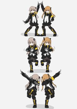 2girls :3 absurdres black_boots black_gloves black_jacket black_skirt boots brown_eyes brown_hair commentary_request dab_(dance) dancing fingerless_gloves fuku_(fuku12290574) girls'_frontline gloves highres jacket knee_pads looking_at_viewer multiple_girls one_side_up open_mouth orange_hair pantyhose pointing pointing_up red_eyes scar scar_across_eye scar_on_face shoujo_shuumatsu_ryokou simple_background sketch skirt smile twintails ugoku_ugoku ump45_(girls'_frontline) ump9_(girls'_frontline) white_background