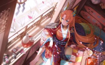 1girl barefoot blue_eyes blurry blurry_foreground breasts commentary_request depth_of_field floral_print from_above game_cg hair_ornament highres indoors japanese_clothes jewelry kimono long_hair looking_at_viewer obi official_art orange_hair petals ramona_wolf sash sitting smile solo third-party_source wide_sleeves world_dai_star