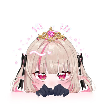 Rule 34 | 1girl, black gloves, black ribbon, blunt bangs, blush, colored inner hair, covered mouth, emi537469, frilled ribbon, frills, gloves, grey hair, hair intakes, hair ribbon, heart, highres, idol clothes, looking at viewer, makaino ririmu, multicolored hair, nijisanji, nijisanji idol uniform, official alternate costume, peeking out, pink hair, pointy ears, red eyes, ribbon, sidelocks, simple background, solo, straight-on, streaked hair, tiara, two side up, upturned eyes, virtual youtuber, white background