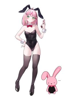 Rule 34 | 1girl, absurdres, animal ear hairband, animal ears, black hairband, black leotard, black shoes, black thighhighs, blush, bow, bowtie, breasts, breasts apart, collar, commentary, covered navel, detached collar, elppi, fake animal ears, green eyes, grin, groin, gun, hair ornament, hairband, hairclip, hanako nana, hand on own hip, hand up, handgun, high heels, highres, holding, holding gun, holding weapon, leotard, looking at viewer, medium hair, multicolored hair, parallel hairclips, peto (hanako nana), pink hair, playboy bunny, rabbit, rabbit ear hairband, rabbit ears, red bow, red bowtie, shoes, simple background, small breasts, smile, solo, standing, stellive, straight hair, strapless, strapless leotard, streaked hair, symbol-only commentary, thighhighs, virtual youtuber, weapon, white background, white collar, white wrist cuffs, wrist cuffs