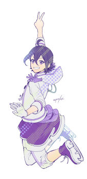 1boy akua arm_up commentary_request epaulettes full_body gloves grin highres ice_skates jacket jumping king_of_prism long_sleeves looking_at_viewer male_focus pants pretty_rhythm pretty_series purple_eyes purple_hair short_hair simple_background single_glove skates smile solo suzuno_yuu v white_background white_gloves white_jacket white_pants