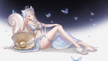 1girl ahoge animal animal_ears arm_tattoo artist_request ass breasts bug butterfly chain dress feet full_body gemuyo gold gradient_background high_heels highres insect large_breasts long_hair nails pearl promotional_art red_eyes shell smile tail tattoo virtual_youtuber white_hair