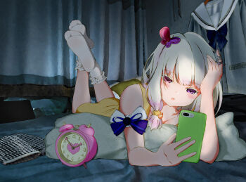 1girl alarm_clock arm_bow arm_support butterfly_hair_ornament cellphone clock colored_eyelashes crossed_legs curtains frilled_socks frills hair_ornament half-closed_eyes hand_on_own_head heterochromia highres holding holding_phone indoors looking_at_phone low_side_ponytail lying narrowed_eyes night on_bed on_stomach original phone pink_eyes playing_with_own_hair purple_eyes shorts smartphone socks soles speide_(mndm2243) the_pose unworn_shorts white_eyelashes white_hair white_socks yellow_chemise