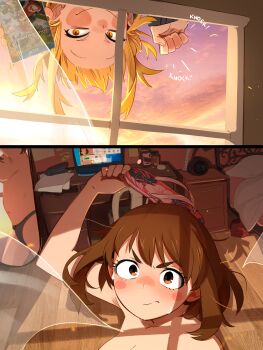 2girls absurdres alarm_clock bare_legs bed bedroom black_panties blanket blonde_hair blush boku_no_hero_academia bones_(company) breasts brown_hair chair clock curtains desk embarrassed female_focus flip-flops game_console hair_tie havaianas highres khyle. legs mario_(series) mario_kart mario_kart_8 medium_breasts medium_hair messy_hair mirror multiple_girls nervous nintendo panties pc pillow sandals shounen_jump sky smile sweat sweatdrop toga_himiko togachako topless underwear upside-down uraraka_ochako wii_u window yellow_eyes yuri