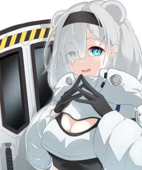 Rule 34 | 1girl, :d, absurdres, animal ears, arknights, aurora (arknights), bear ears, bear girl, black gloves, black hairband, black sports bra, blue eyes, breasts, cleavage cutout, clothing cutout, commentary request, cropped jacket, extra ears, eyes visible through hair, gloves, grey hair, hair over one eye, hairband, highres, iii-ove-iii, jacket, large breasts, long hair, long sleeves, open mouth, puffy long sleeves, puffy sleeves, shield, simple background, smile, solo, sports bra, steepled fingers, upper body, white background, white jacket
