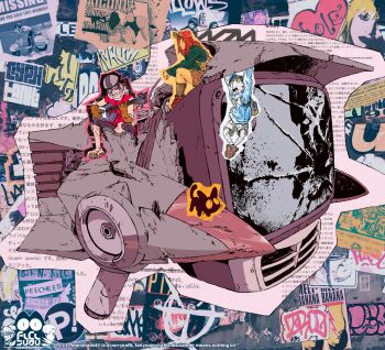 Rule 34 | ass, baseball cap, blue hoodie, boots, cat, cigarette, flcl, goggles, haruhara haruko, hat, highres, hood, hoodie, motor vehicle, nandaba naota, pink hair, pontoffelnp, robot, samejima mamimi, scooter, short hair, skirt, sticker, takkun (flcl), the pillows, vespa, white footwear