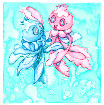 aqua_eyes aqua_sclera border bright_pupils colored_sclera commentary english_commentary fleebites frillish frillish_(female) frillish_(male) frown gen_5_pokemon nintendo no_humans open_mouth pink_eyes pink_sclera pokemon pokemon_(creature) pokemon_focus smile white_border white_pupils