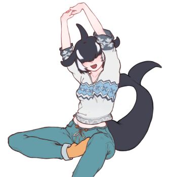10tile 1girl absurdres aqua_pants arms_up black_hair blowhole cetacean_tail commentary covered_eyes dolphin_girl dorsal_fin drawstring english_commentary facing_viewer fins fish_tail hair_over_eyes head_fins highres kemono_friends kemono_friends_3 long_bangs medium_hair midriff_peek multicolored_hair open_mouth orange_socks orca_(kemono_friends) orca_girl own_hands_together pants simple_background sitting smile socks solo stretching sweater sweatpants tail two-tone_hair v-neck variant_set white_hair