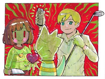 2boys 2others bag_over_head blonde_hair blue_eyes bob_cut brown_hair chara_(undertale) controller crossover funny_games furry gloves golf_club green_sweater heart holding holding_heart holding_knife holding_remote_control jewelry knife locket looking_at_viewer monster_kid_(undertale) multiple_boys multiple_others paul_(funny_games) pendant psicochurroz red_background red_eyes remote_control shirt smile soul_(deltarune) striped_clothes sweater tail undertale utdr_(toby_fox) white_shirt