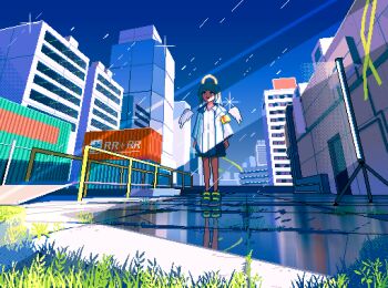 1girl angel_wings apo_(rairaru20001) armband arms_at_sides blue_boots blue_hair blue_sky boots building city clear_sky day detached_wings dithering grass halo highres light_rays looking_up open_mouth original outdoors pixel_art pleated_skirt rain reflection scenery shipping_container shirt skirt sky solo sparkle standing traditional_halo white_shirt wings yellow_halo