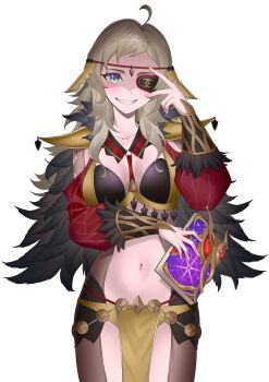 1girl absurdres ahoge baybell black_feathers blonde_hair bodystocking book breasts circlet cleavage commission commissioner_upload eyepatch feather_collar feather_trim feathers fire_emblem fire_emblem_fates fire_emblem_heroes grey_eyes highres hip_armor holding holding_book long_hair looking_at_viewer medium_breasts navel nintendo non-web_source o-ring official_alternate_costume ophelia_(fire_emblem) ophelia_(starlit_maiden)_(fire_emblem) pelvic_curtain puffy_sleeves shoulder_pads smile solo swept_bangs upper_body