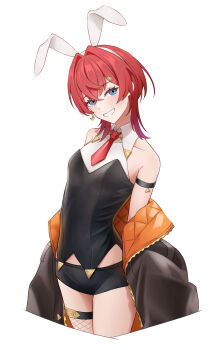 1girl ange_katrina animal_ear_hairband animal_ears arm_strap armpit_crease bare_shoulders black_jacket black_shirt black_shorts blue_eyes breasts collared_shirt commentary_request cropped_legs crossed_bangs dicotyle_dons earrings eyelashes fake_animal_ears fishnet_thighhighs fishnets gold_earrings grin hair_between_eyes hair_intakes hair_ornament hairband head_tilt highres jacket jacket_partially_removed jewelry layered_shirt looking_at_viewer medium_hair necktie nijisanji nontraditional_playboy_bunny official_alternate_costume orange_jacket quilted_jacket rabbit_ear_hairband rabbit_ears red_hair red_necktie shirt short_necktie short_shorts shorts simple_background single_thighhigh sleeveless sleeveless_shirt small_breasts smile solo thighhighs triangle_earrings triangle_hair_ornament two-sided_fabric two-sided_jacket virtual_youtuber white_background white_hairband white_shirt wolf_cut