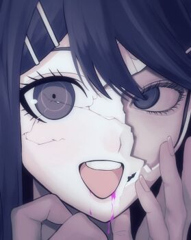 1girl blood blue_eyes blue_hair commentary_request cracked_kawaii_mask cracked_mask danganronpa:_trigger_happy_havoc danganronpa_(series) dn0lt hair_ornament hairclip hands_up highres long_hair looking_at_viewer maizono_sayaka open_mouth pink_blood portrait smile solo teeth