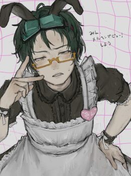 0ml3c 1boy animal_ears apron bow brooch buttons collared_shirt crossdressing crossdressing_(mtf) fake_animal_ears fang frills glasses gnosia goggles goggles_on_head green_hair half-closed_eyes heart heart_brooch highres jewelry lace-trimmed_sleeves lace-trimmed_wrist_cuffs lace_trim maid maid_apron male_focus open_mouth rabbit_ears ribbon semi-rimless_eyewear sha-ming shirt short_sleeves solo sweat teeth v white_bow wrist_cuffs yellow_eyes