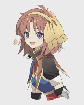 Rule 34 | 1girl, ahoge, anelace elfead, breasts, brown hair, curtained hair, eiyuu densetsu, from side, george man, grey background, hairband, highres, looking at viewer, open mouth, parted bangs, purple eyes, short hair, simple background, small breasts, smile, solo, sora no kiseki, yellow hairband