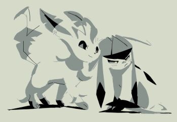 animal_focus blush closed_mouth forked_tail frown full_body gen_4_pokemon glaceon leaf leafeon looking_at_another lukasandatta monochrome nintendo pokemon pokemon_(creature) pokemon_focus smile tail