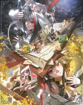 1boy 5girls absurdres alternate_form animal_ears armlet bare_shoulders belle_(zenless_zone_zero) breasts brown_hair china_dress chinese_clothes dress droopy_ears dual_persona floating floating_object floating_sword floating_weapon fox_ears fox_girl hair_ornament hairband highres jewelry ju_fufu long_hair looking_at_viewer mau_sakura metal_bracelet multiple_girls multiple_views official_alternate_hair_color photo_(object) qingming_sword red_eyes see-through_cleavage see-through_clothes see-through_horns silver_armlet smile sword very_long_hair weapon white_hairband ye_shiyuan ye_shunguang yixuan_(zenless_zone_zero) zenless_zone_zero