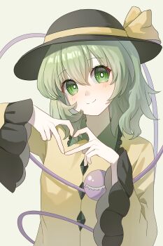 Rule 34 | 1girl, absurdres, black hat, blush, bow, buttons, chinese commentary, closed mouth, collared shirt, commentary request, diamond button, eyeball, four-finger heart hands, frilled shirt collar, frilled sleeves, frills, green eyes, green hair, hat, hat ribbon, heart, heart hands, highres, komeiji koishi, long hair, long sleeves, looking at viewer, ning zhi ju, ribbon, shirt, smile, solo, third eye, touhou, wide sleeves, yellow bow, yellow shirt