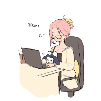 1girl alien_stage beamed_eighth_notes black_camisole camisole cardigan chair claw_hair_clip closed_eyes coldmeow commentary computer cup drink drinking_straw english_text glasses hair_ornament hairclip hashtag-only_commentary highres laptop mizi_(alien_stage) musical_note office_chair on_chair pink_hair smile stuffed_toy swivel_chair yellow_cardigan