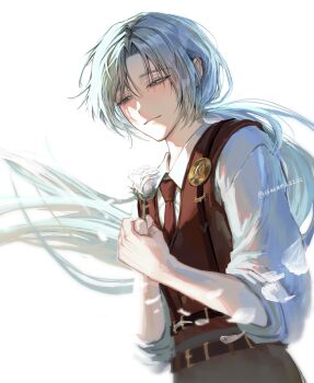 1boy belt closed_mouth collared_shirt commentary_request curtained_hair floating_hair flower grey_hair grey_pants half-closed_eyes happy highres holding holding_flower korean_commentary limbus_company long_hair looking_ahead low_ponytail lucio_(project_moon) male_focus necktie own_hands_together pants ponytail project_moon red_necktie red_shirt shirt simple_background smile solo ssaamm22222 standing white_background white_flower white_shirt