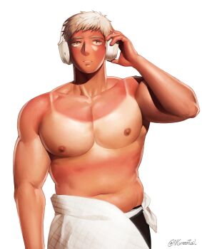 1boy arm_up bara bare_shoulders black_pants blonde_hair collarbone dungeon_meshi headphones heat_stroke_photoshoot_(meme) highres laios_touden large_pectorals looking_to_the_side male_chest male_focus meme muscular muscular_male nifast_(greentail) nipples pants parted_lips pectorals simple_background solo tan tanline topless_male white_background yellow_eyes