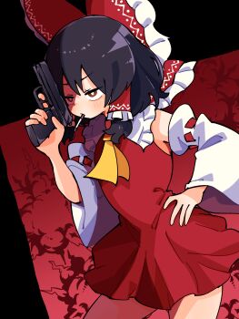 1girl adapted_costume ascot bare_shoulders black_hair blush bow brown_eyes cigarette detached_sleeves dress explosion explosion_background gram_9 gun hair_between_eyes hair_tubes hakurei_reimu hand_on_own_hip handgun highres holding holding_gun holding_weapon medium_hair red_bow red_dress serious sleeveless sleeveless_dress solo thighs touhou weapon yellow_ascot