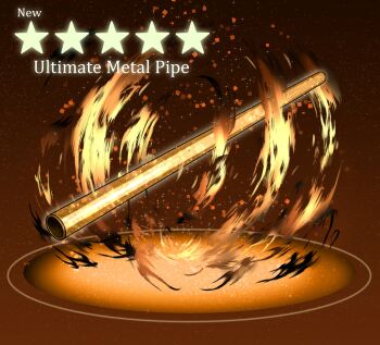 character_name english_text fire floating_hair glowing gradient_background highres light_particles motion_lines no_humans orange_background orange_theme original outline star_(symbol) strongmoist ultimate_metal_pipe weapon what yellow_outline