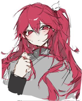 Rule 34 | 1girl, alternate hair length, alternate hairstyle, blush, collared shirt, embarrassed, frown, grey shirt, hair between eyes, hair ribbon, hand in own hair, hand up, highres, kasane teto, kasane teto (sv), long hair, looking at viewer, one side up, red eyes, red hair, ribbon, shirt, solo, sweatdrop, synthesizer v, ummwa, white ribbon