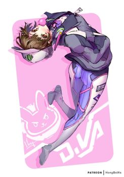 1girl alternate_costume black_jacket blue_bodysuit bodysuit brown_eyes brown_hair bubble chewing_gum commentary d.va_(overwatch) english_commentary facial_mark full_body hands_in_pockets hat hong_(white_spider) jacket looking_at_viewer midair overwatch short_hair solo white_hat