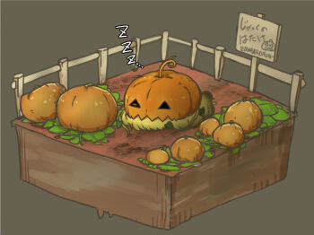 Rule 34 | 1girl, blonde hair, garden, gradient hair, green hair, isometric, jack-o'-lantern (kemono friends), kemono friends, multicolored hair, night, numazoko namazu, plant hair, pumpkin, pumpkin hat, sleeping, solo, translation request, zzz