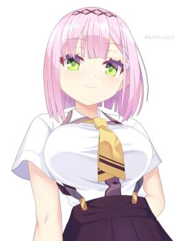 1girl 4rion absurdres blunt_bangs blunt_ends blush bob_cut breasts brown_skirt closed_mouth collared_shirt commentary cowboy_shot from_below green_eyes hair_ornament hairclip highres large_breasts medium_hair mizuka_academy_school_uniform necktie school_uniform shirt short_sleeves simple_background skirt smile solo suspender_skirt suspenders tanikaze_amane tenshi_souzou_re-boot! twitter_username white_background white_shirt yellow_necktie