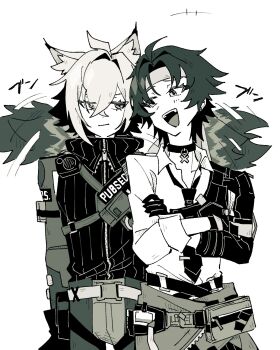 Rule 34 | 2boys, afterimage, animal ear fluff, animal ears, asaba harumasa, black choker, black gloves, black hair, black necktie, cat boy, cat ears, cat tail, choker, closed mouth, clothes around waist, colored tips, commentary request, crossed arms, crossed bangs, gloves, greyscale, hair between eyes, headband, highres, looking at another, male focus, monochrome, motion lines, multicolored hair, multiple boys, necktie, open mouth, parted bangs, pendant choker, police, police uniform, policeman, seth lowell, shirt, short hair, simple background, tail, white background, white hair, white shirt, zenless zone zero, zyanomiz