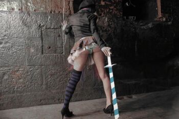 1girl ass blue_hair cosplay female_focus high_heels lana_rain miniskirt multicolored_hair necktie panties panty_&amp;_stocking_with_garterbelt photo_(medium) pink_hair school_uniform self-upload skirt solo stocking_(psg) stocking_(psg)_(cosplay) striped_clothes striped_panties sword underwear upskirt warehouse weapon