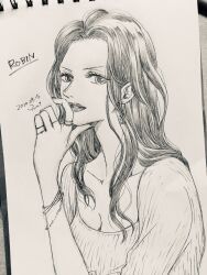 Rule 34 | 1girl, artist name, bracelet, character name, commentary request, dated, earrings, eyelashes, greyscale, hair behind ear, hanakotoba28, hand on own face, highres, jewelry, lipstick, long hair, looking at viewer, makeup, monochrome, nico robin, one piece, ring, shirt, sleeves rolled up, solo, upper body