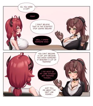 2girls ahoge animal_ears black_collar borrowed_character breasts brown_hair cleavage collar comic dog-chan_(enarane) dog_ears dog_girl english_text gloves goat-chan_(enarane) green_eyes large_breasts long_hair mole mole_under_mouth multiple_girls oeffe_(oeffe_blank) office_lady original paw_gloves ponytail red_eyes red_hair shortstack speech_bubble thick_thighs thighs twintails