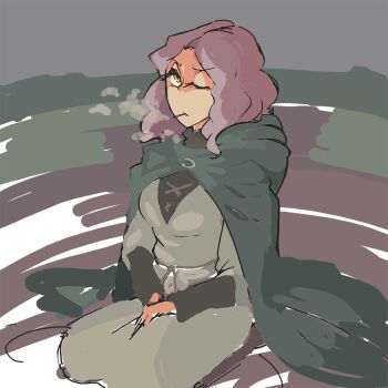 1girl cape cigarette davewaterfalls elden_ring grey_hair hands_on_own_thighs looking_at_viewer medium_hair melina_(elden_ring) one_eye_closed sitting smoking solo