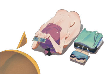 2girls absurdres ahoge ass back banknote blonde_hair bocchi_the_rock! braid breasts commentary completely_nude dogeza folded_clothes geta highres hiroi_kikuri ijichi_nijika long_hair medium_breasts money multiple_girls naked_dogeza nude panties purple_hair sideboob single_braid solo_focus underwear unworn_clothes white_background yan_jhia