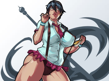 1girl 2022 black_hair bleach braid braided_ponytail breasts collarbone commentary english_commentary equinox female_focus glasses haguro_tonbo_(shikai) holding holding_notebook holding_pen large_breasts looking_at_viewer necktie notebook parted_lips pen simple_background skirt standing suspender_skirt suspenders thighs white_background yadoumaru_lisa